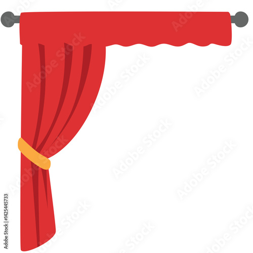 Classic red stage curtain tied on the left side with a yellow band. Features a scalloped valance top, perfect for performance or theater themes.