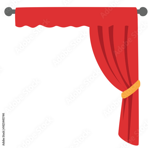 Classic red stage curtain tied on the left side with a yellow band. Features a scalloped valance top, perfect for performance or theater themes.