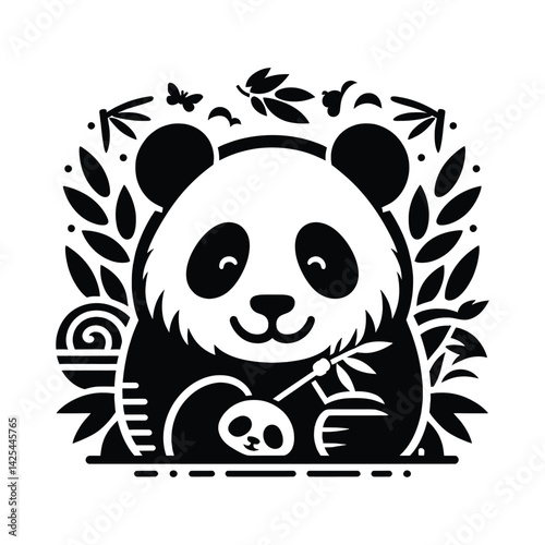 panda bear with leaves and bamboo in a paper cut style