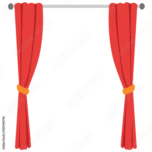 A classic red curtain with yellow tiebacks and scalloped valance, hanging open on both sides of a window in a home interior setting.