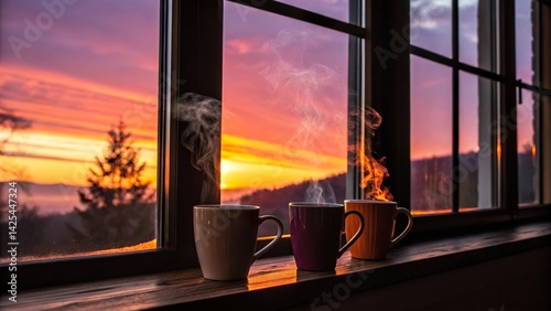 Enjoying hot drinks at dawn while watching a colorful sunrise over the mountains and trees