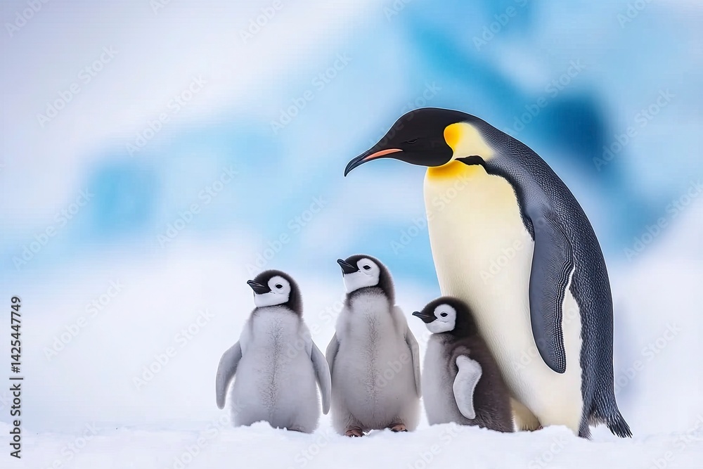 Fototapeta premium A group of emperor penguins standing together on the snow-covered ground, surrounded by other chicks and adults. The backdrop is an icy landscape with blue icebergs in the distance. High-resolution