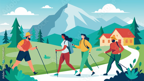 Guests explore the retreats scenic grounds on a leisurely Nordic walking tour combining fitness with nature therapy.. Vector illustration