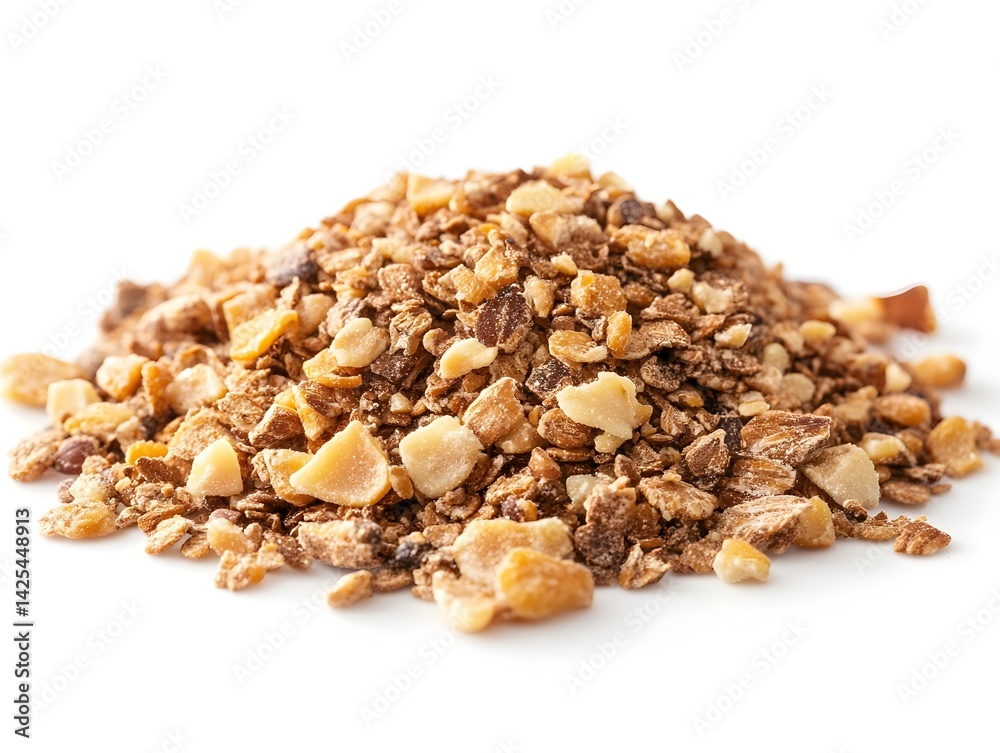 A close-up shot shows a pile of roasted chopped hazelnuts on a white background perfect for culinary or food blog use. A close-up shot shows a pile of roasted chopped hazelnuts on a white background perfect for culinary or food blog use.