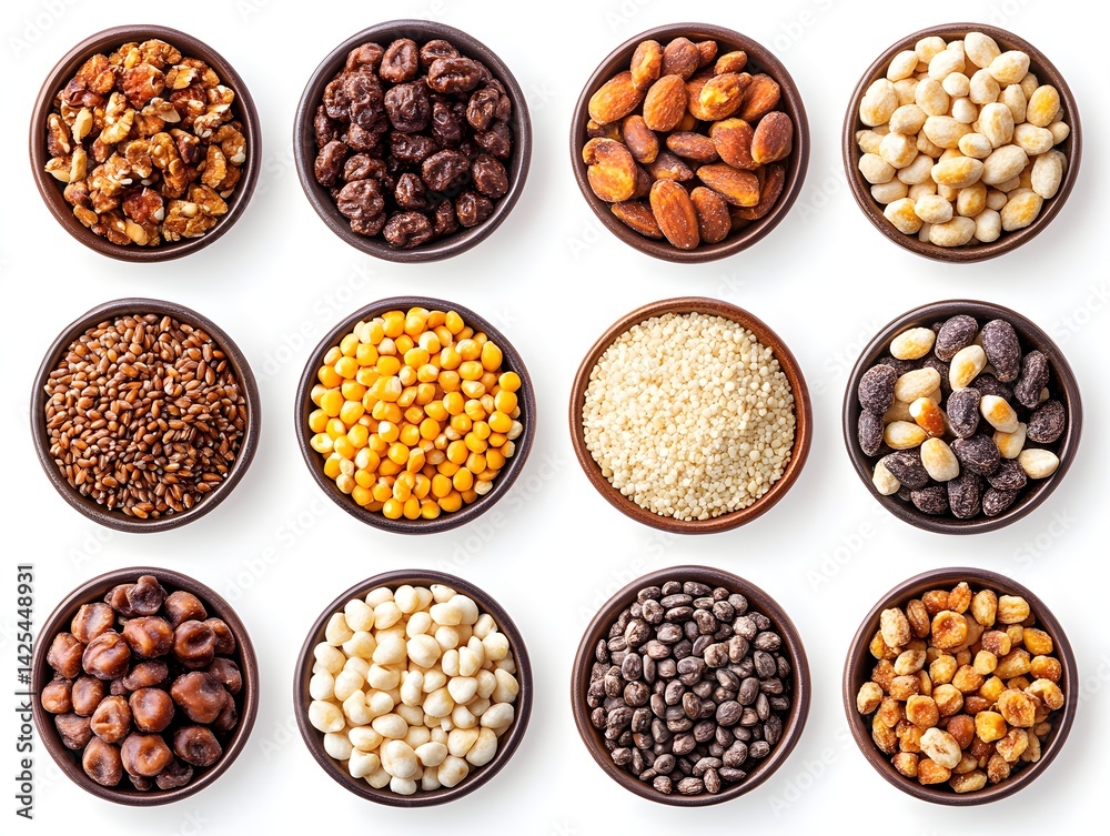A collection of twelve small bowls filled with various nuts seeds and grains sits on a white background. A collection of twelve small bowls filled with various nuts seeds and grains sits on a white background.