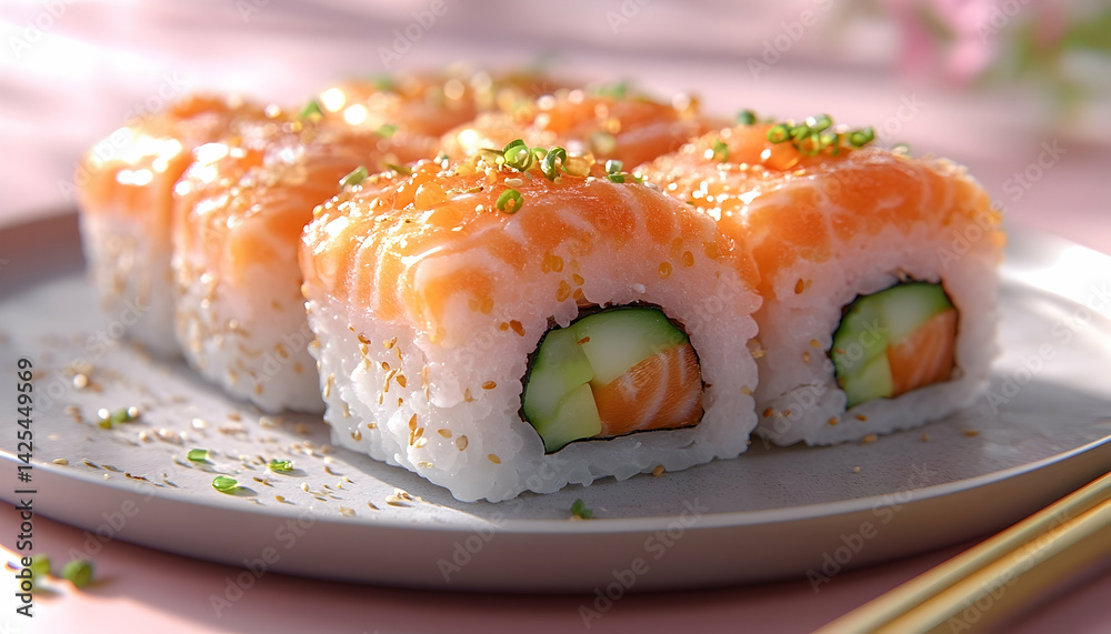 Delicious sushi roll vibrant seafood and rice dish Delicious sushi roll vibrant seafood and rice dish