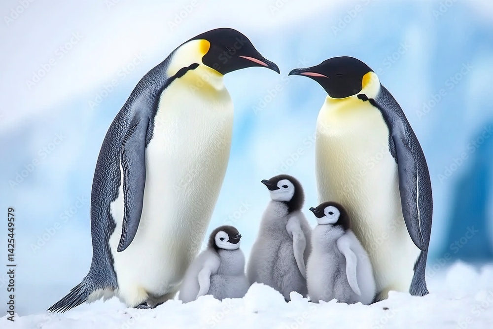 Fototapeta premium A group of emperor penguins standing together on the snow-covered ground, surrounded by other chicks and adults. The backdrop is an icy landscape with blue icebergs in the distance. High-resolution 