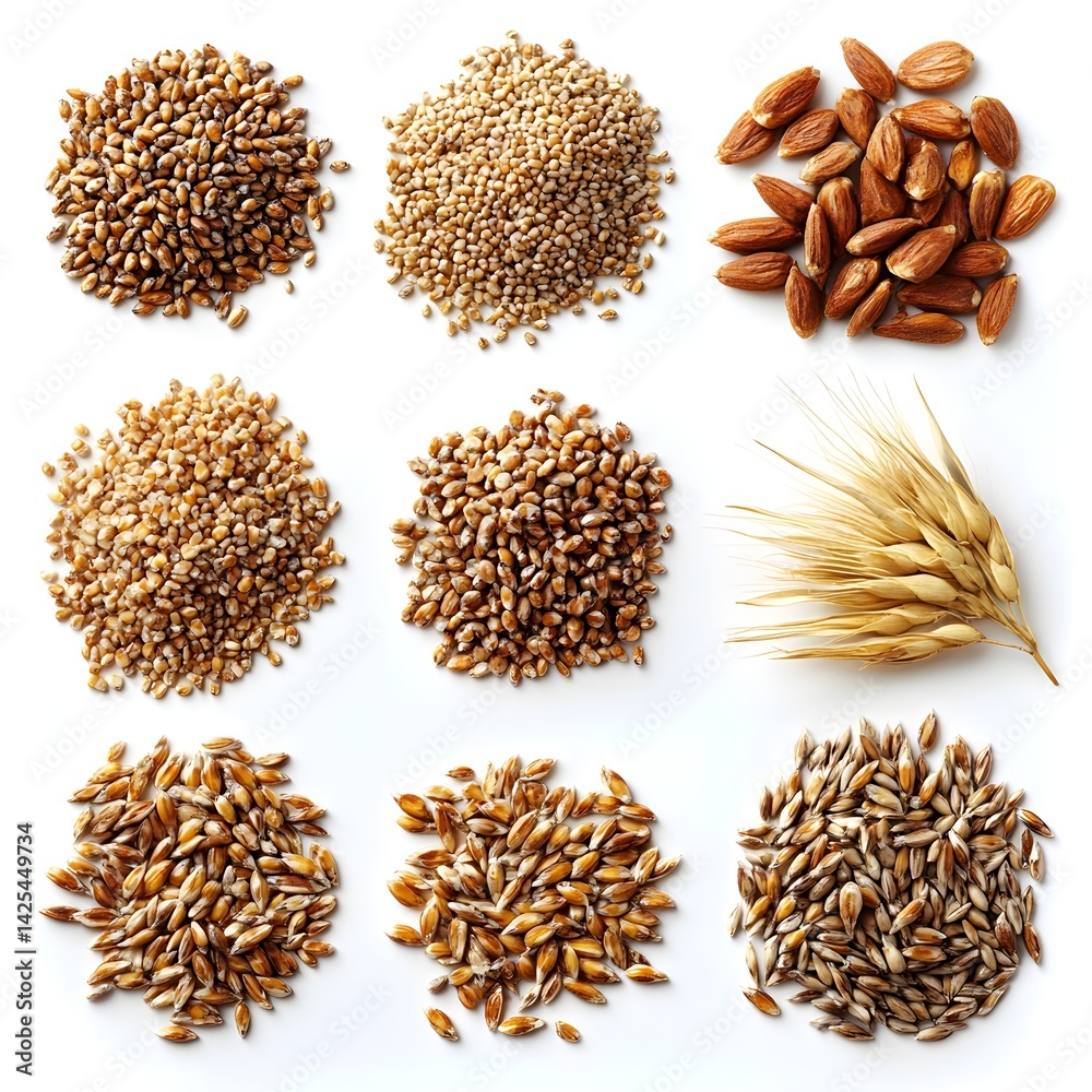 A collection of various grains and nuts including wheat, almonds, and other seeds are displayed on a white background.