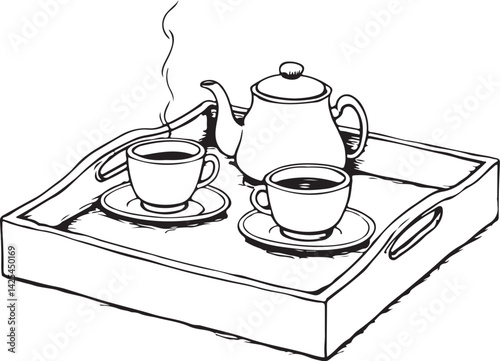 Teapot and Cups on Tray, Drinking Tea Ceremony or Party, Black and White Vector Illustration, Sketch Drawing Line Linear Symbol Icon Engraving, Hand-drawn Isolated