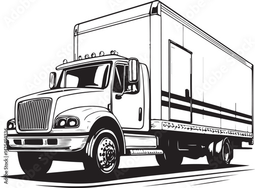 Moving Truck Black and White Vector Illustration, Sketch Drawing Line Linear Symbol Icon Engraving, Hand-drawn Isolated