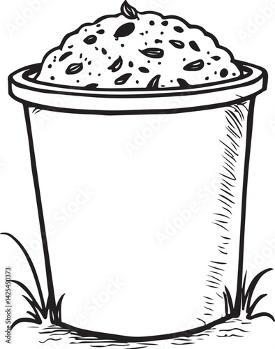 Compost bin Bio Waste Compostable Garbage Black and White Vector Illustration, Sketch Drawing Line Linear Symbol Icon Engraving, Hand-drawn Isolated