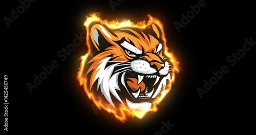 Tiger face surrounded by flames, glowing brightly 4k footage