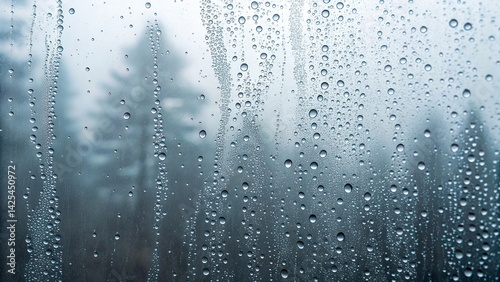 Macro shot of condensation forming on a cold beverage glass by the window during a rainy day