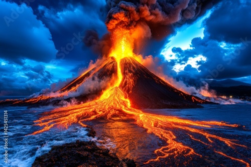A volcano erupts, molten lava flowing down its slopes. Generative AI