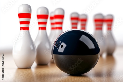 Bowling ball sits on a table next to a row of bowling pins. The scene is set up for a game of bowling, with the ball and pins arranged in a way that suggests the ball is about to be thrown