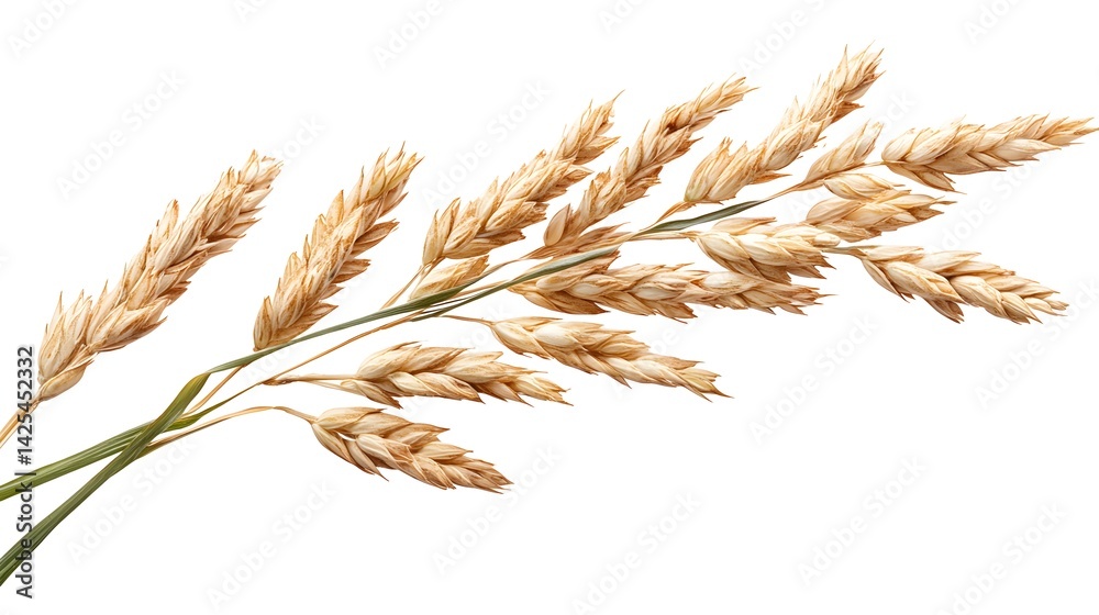 Fototapeta premium A close-up studio shot depicts a branch of ripe golden oat grains isolated on a pure white background.