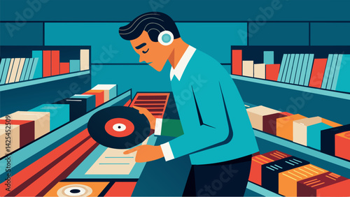 A record store employee flips through the rows of vinyl showcasing the producers eclectic taste in music and their knack for finding hidden gems. Vector illustration
