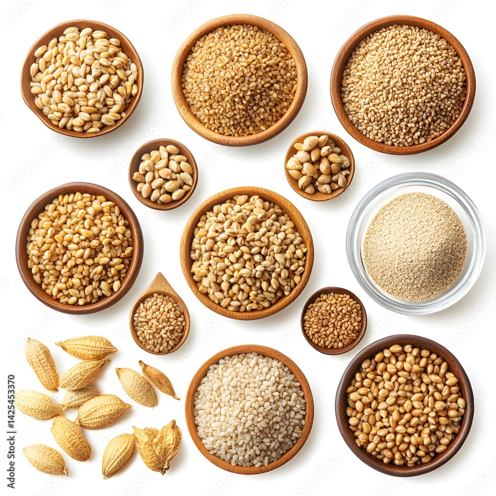A collection of various grains and seeds in wooden bowls and glass showcasing different textures and colors on a white background. A collection of various grains and seeds in wooden bowls and glass showcasing different textures and colors on a white background.