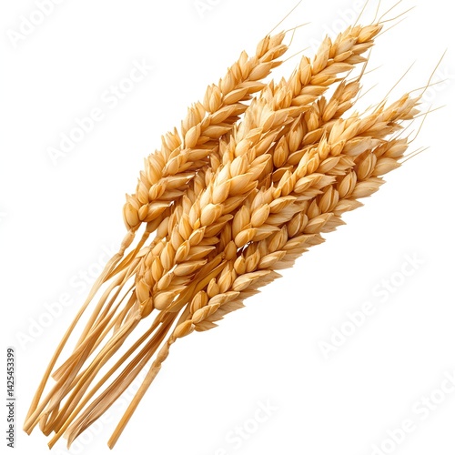 A bunch of ripe golden wheat stalks isolated on a pure white background ready for harvest or baking.