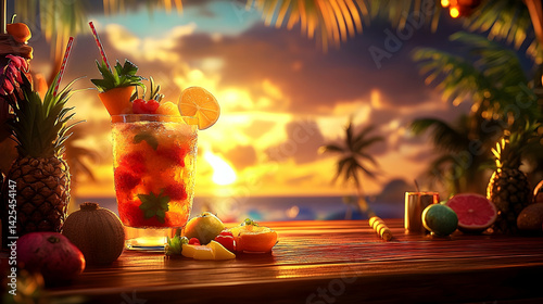 Tropical sunset cocktail garnished with fresh fruit.