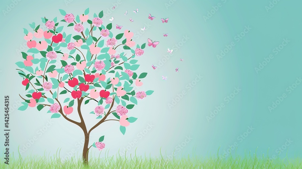 Fototapeta premium Mother's Day Apple Tree Background: Using the Lush Apple Tree as a Backdrop, Writing a Tender Story of Maternal Love Rooted and Growing, and a Tribute to Life