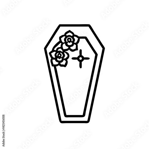 Coffin decorated with white roses icon, mourning and farewell symbol