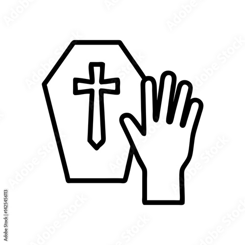 Black gloves resting on coffin icon, mourning gesture in minimal style