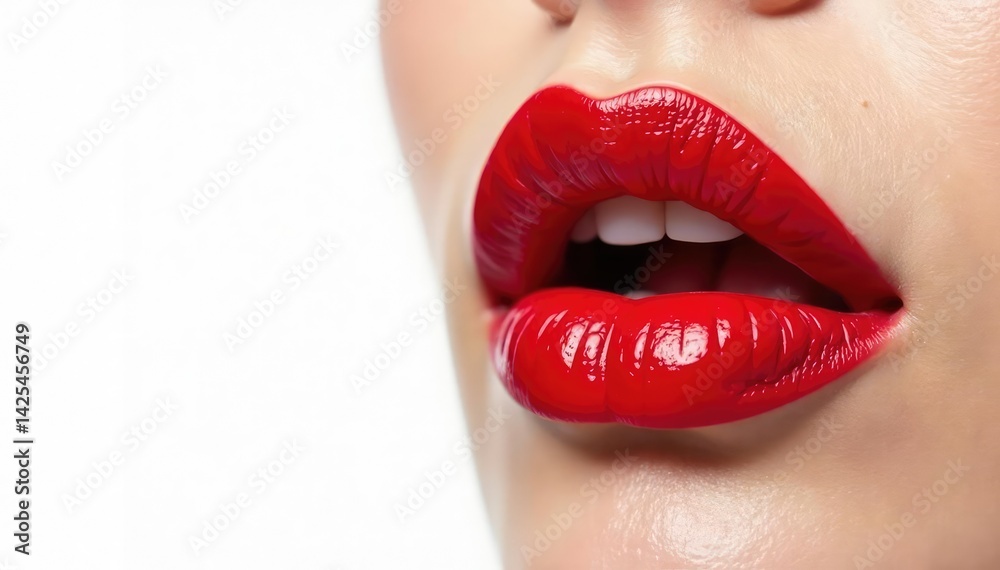 Obraz premium Close-up of vibrant red lipstick on pure white , pout, red lips, sensual