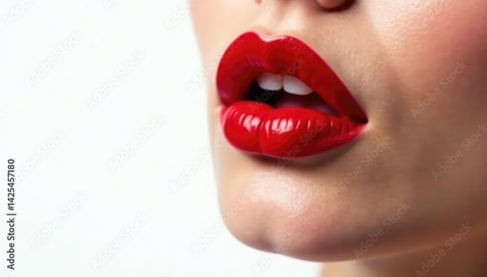 Obraz premium Close-up vibrant red lips, pristine white backdrop, still life, aesthetic, cosmetics