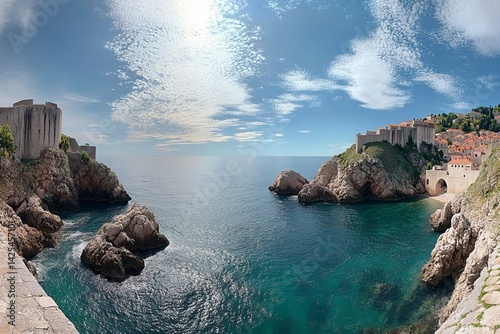 A panoramic view of the ancient city walls and turquoise waters in Dubrovnik, Croatia. The walled old town with its colorful buildings along the cliffside is a symbol of King's Landing from Game.
