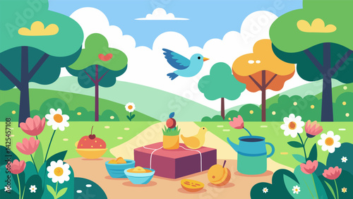 A peaceful picnic in a sundrenched park surrounded by vibrant flowers and chirping birds helping to release stress and uplift the spirit..