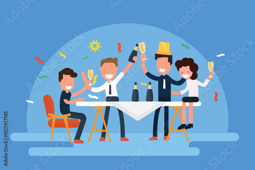 Cartoon revelers celebrate with drinks around a table adorned with confetti and a sunshinelike symbol