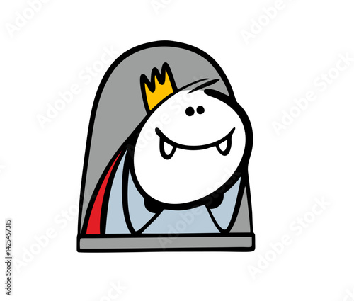 Cute vampire with fangs and a crown is looking out the window, waiting for a victim, dreaming. Vector illustration of a romantic king or cartoon prince in a medieval castle from a fairy tale.