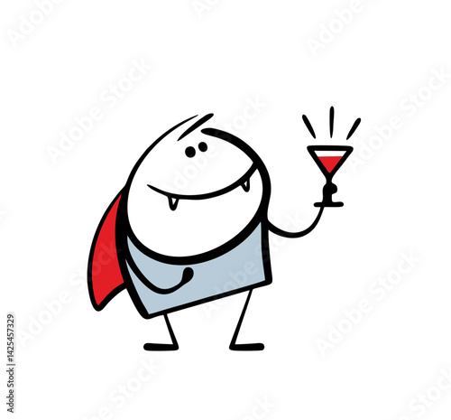 Funny monster,  vampire from a fairy tale, holds a glass of blood or red wine. Vector illustration of  man in a scary costume at  masquerade with fangs. The Halloween holiday.