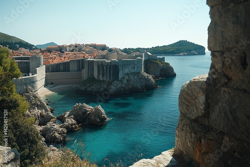 A panoramic view of the ancient city walls and turquoise waters in Dubrovnik, Croatia. The walled old town with its colorful buildings along the cliffside is a symbol of King's Landing from Game.