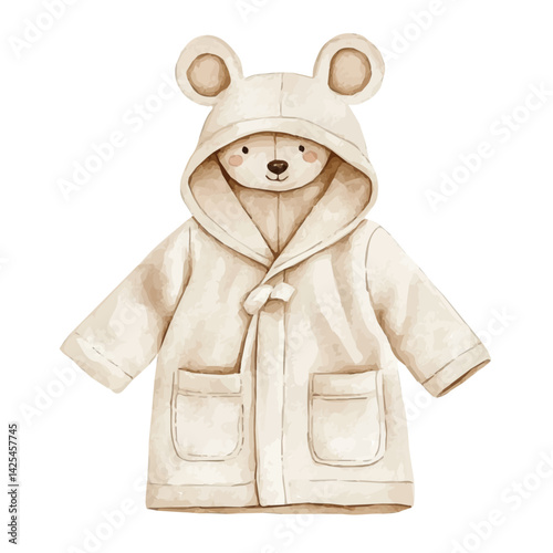 Baby bathrobe with cute animal ears, watercolor illustration, isolated on a white background.

