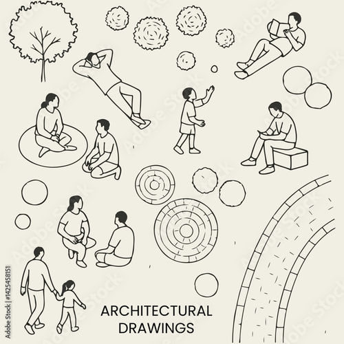 Minimalist People in Park Outline Vector Illustration