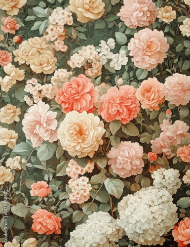 Wallpaper Mural A vibrant floral arrangement featuring a variety of roses and hydrangeas in soft pastel colors against a lush green background. Torontodigital.ca