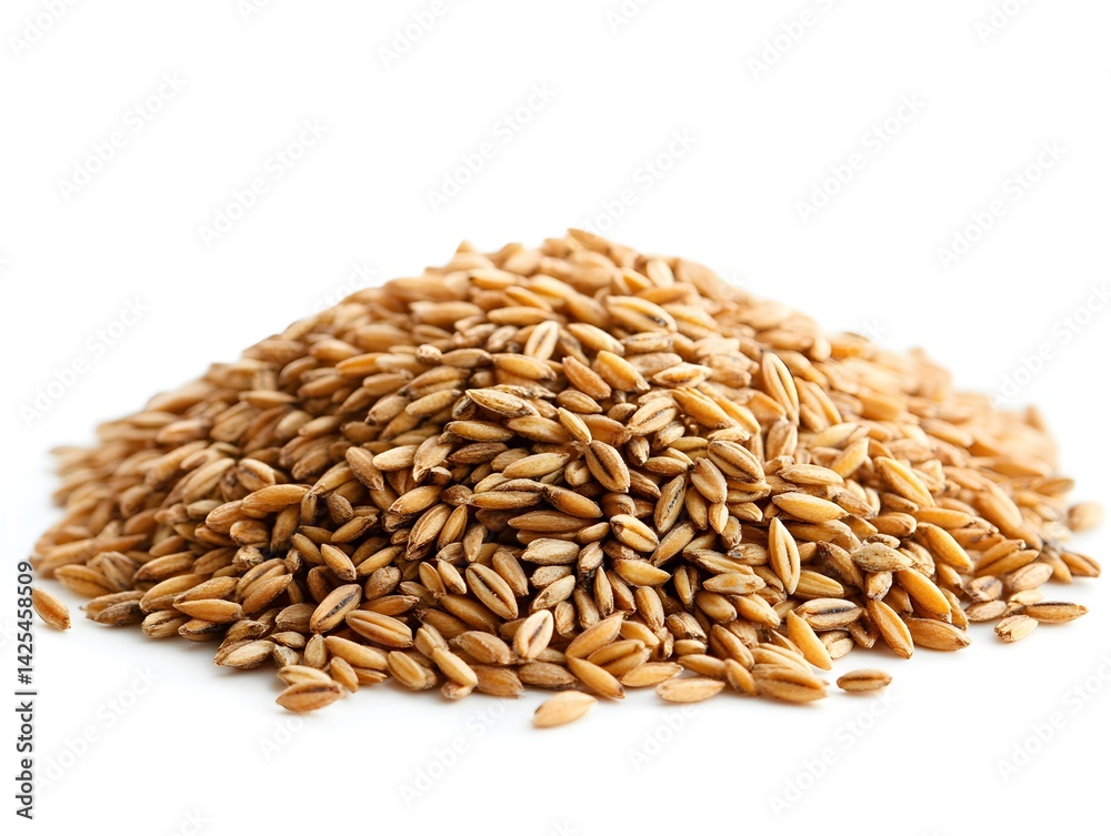 Fototapeta premium A close-up studio shot shows a large pile of raw organic spelt grain kernels isolated on a pure white background.