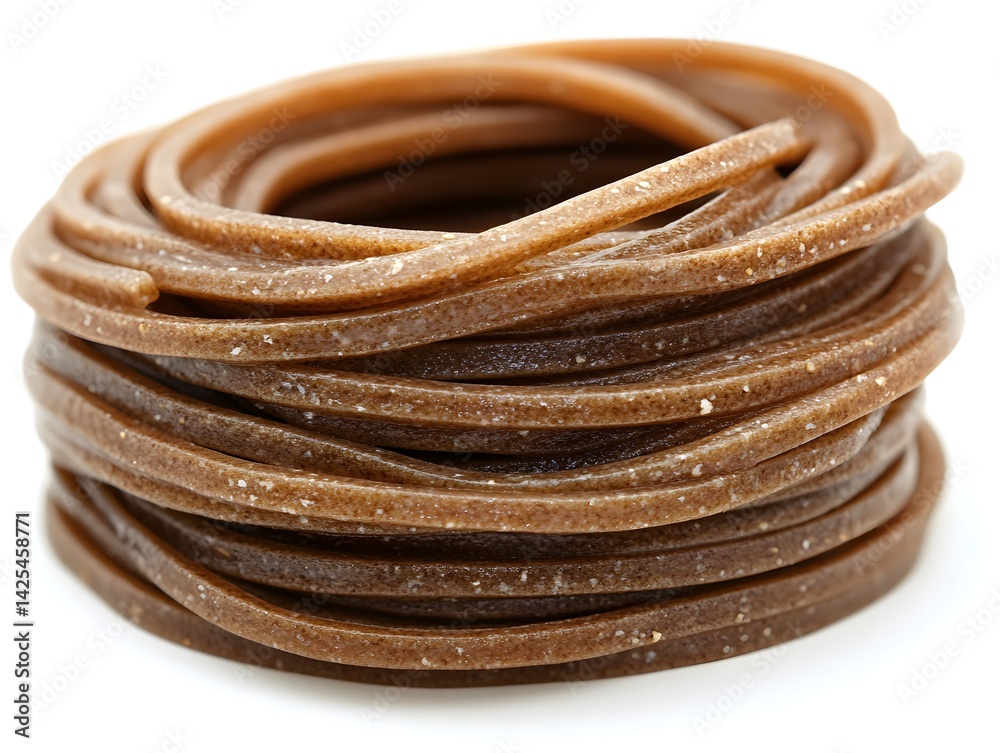 A close-up shot reveals a neatly coiled stack of brown whole wheat pasta strands against a bright white background. A close-up shot reveals a neatly coiled stack of brown whole wheat pasta strands against a bright white background.