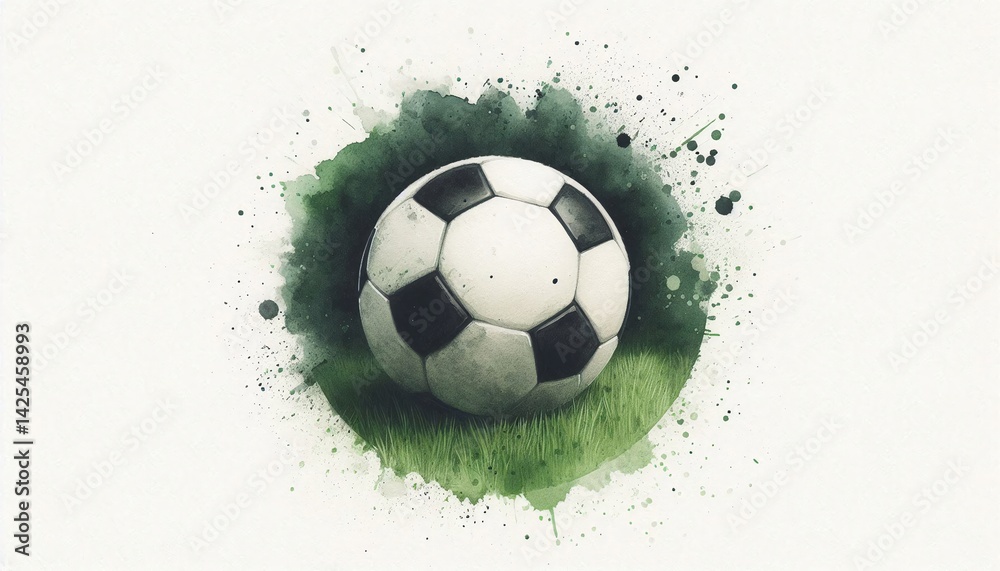 Fototapeta premium Minimalist watercolor illustration of Classic Black and White Soccer Ball on Green Grass Field