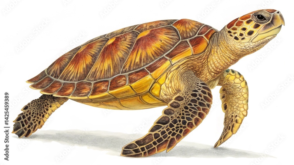 Fototapeta premium Ornate Turtle Side View with Intricate Shell on White Background