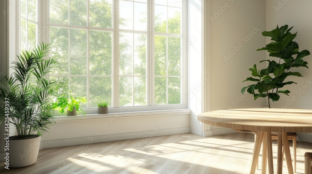 Sunlit Interior Design: Modern Minimalist Room with Lush Greenery and Large Window Sunlit Interior Design: Modern Minimalist Room with Lush Greenery and Large Window
