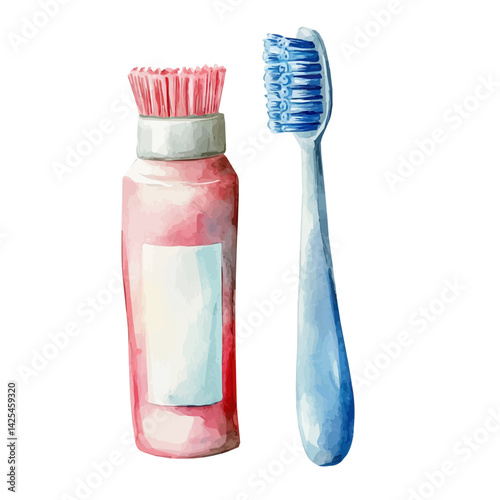 Baby’s first toothbrush and toothpaste, watercolor illustration, isolated on a white background.

