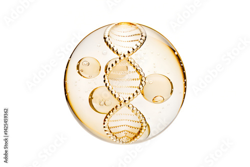 DNA and Golden Liquid Bubble – Futuristic 3D Rendering of Genetic Concept Design