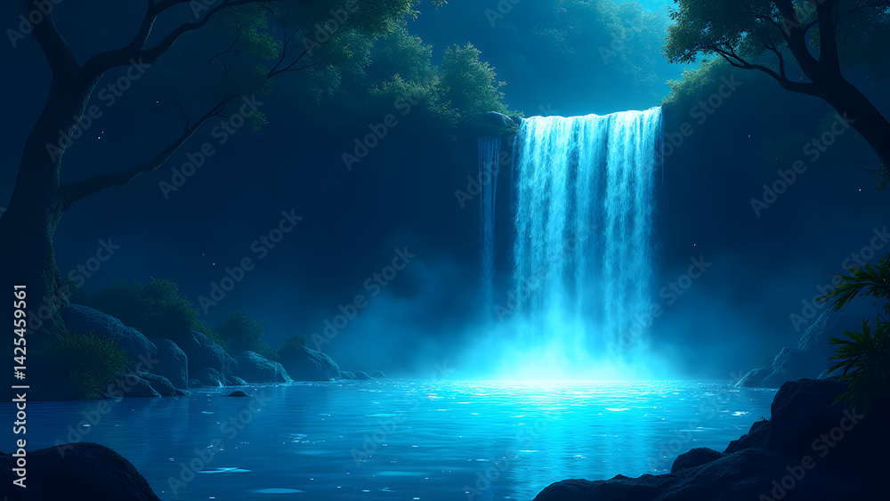 Obraz premium A mystical waterfall in a glowing forest, where fireflies illuminate turquoise waters. Ultra HD, 8K, fantasy dreamscape.