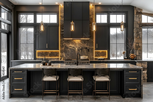 Elegant dark brown wooden vanity with marble top gold accents