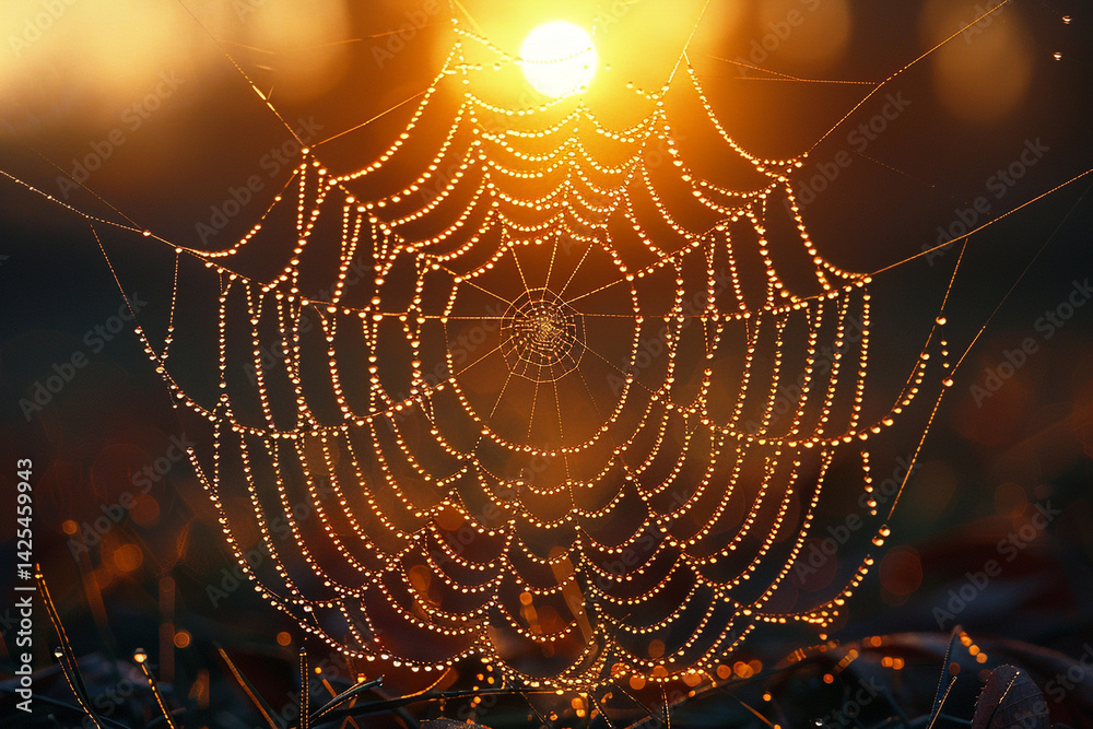 Naklejka premium A delicate spider web adorned with tiny dew droplet