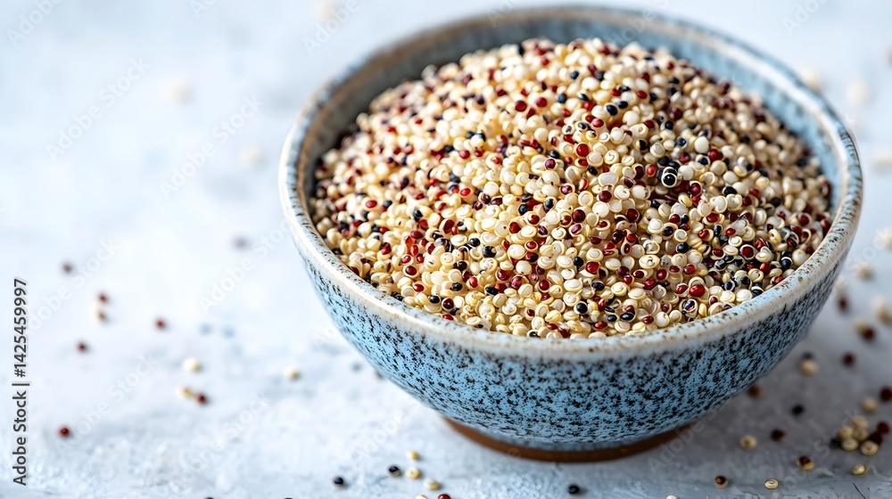 A rustic blue bowl overflows with a vibrant mix of red white and black quinoa grains ready for cooking. A rustic blue bowl overflows with a vibrant mix of red white and black quinoa grains ready for cooking.