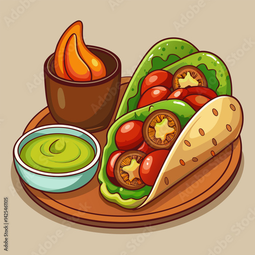 Delicious Taco with Guacamole and Salsa . Mexican Food Illustration